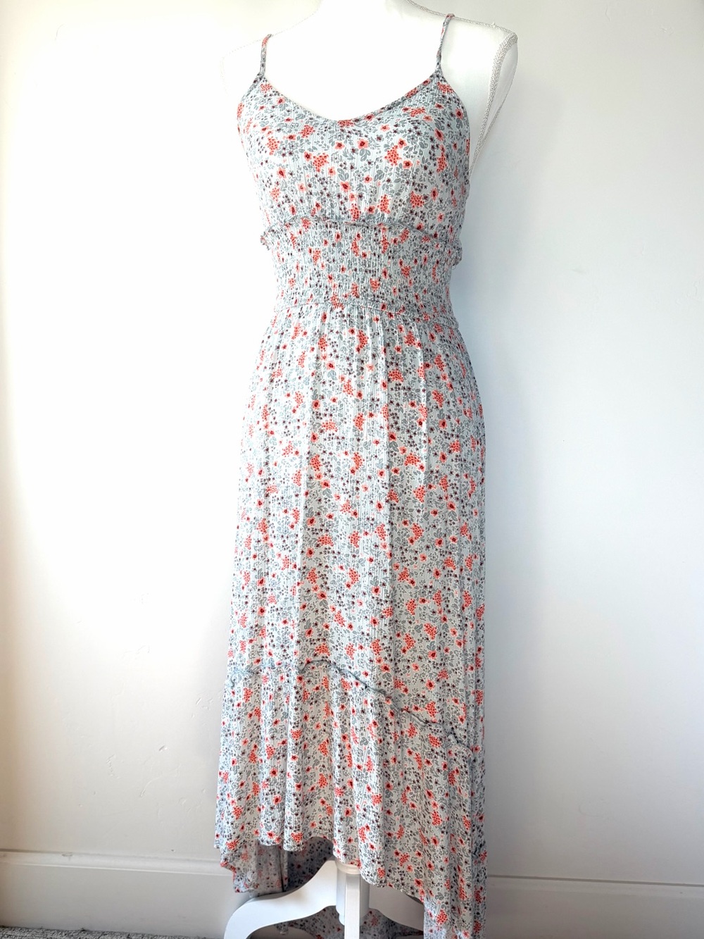 Pink and Light Blue Floral High-Low Maxi Dress with Smocked Waist